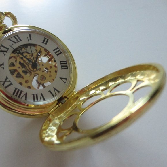Golden Brass Filigree Geometric Winding Open Concept Pocket Watch Pendant main image 7